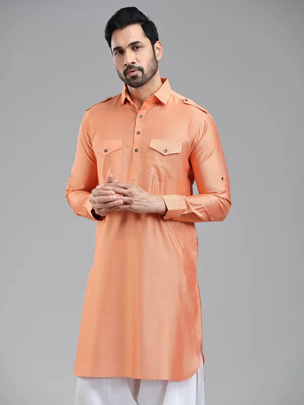 Freshy salmon peach pathani suit for men