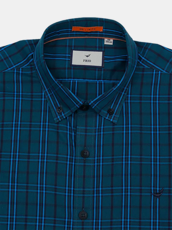 Frio cotton teal green checked casual shirt