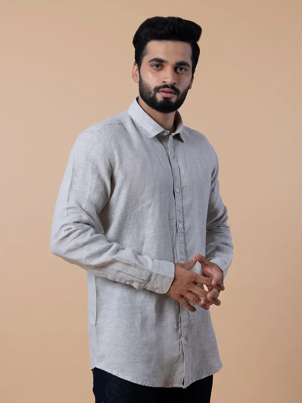 Frio fawn beige plain linen shirt