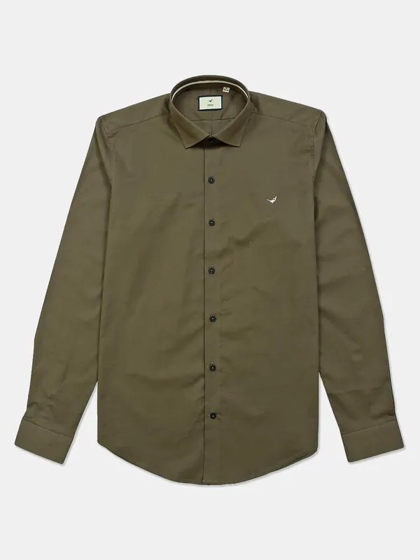 Frio solid olive slim fit cotton shirt
