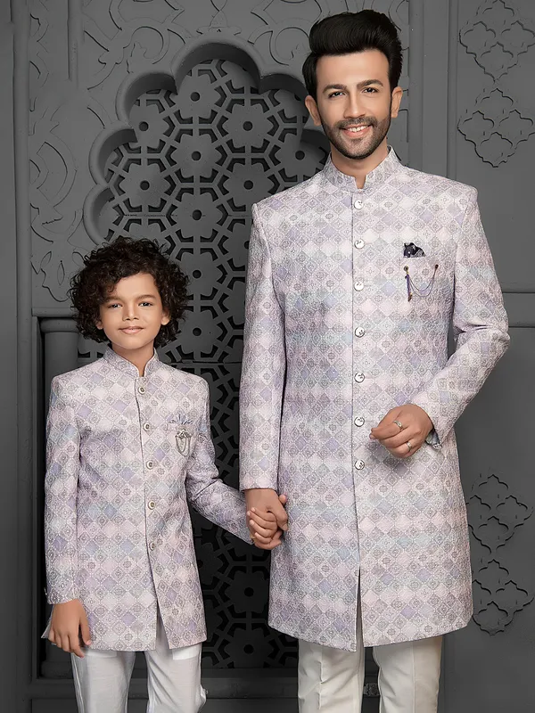 Lilac purple silk indo western for father and son