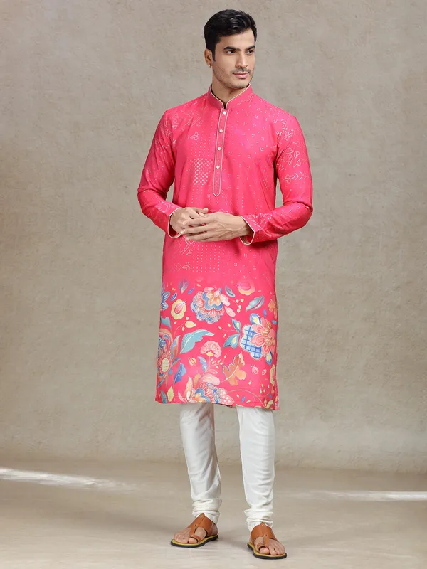 Fuchsia pink vibrant tussar silk kurta suit