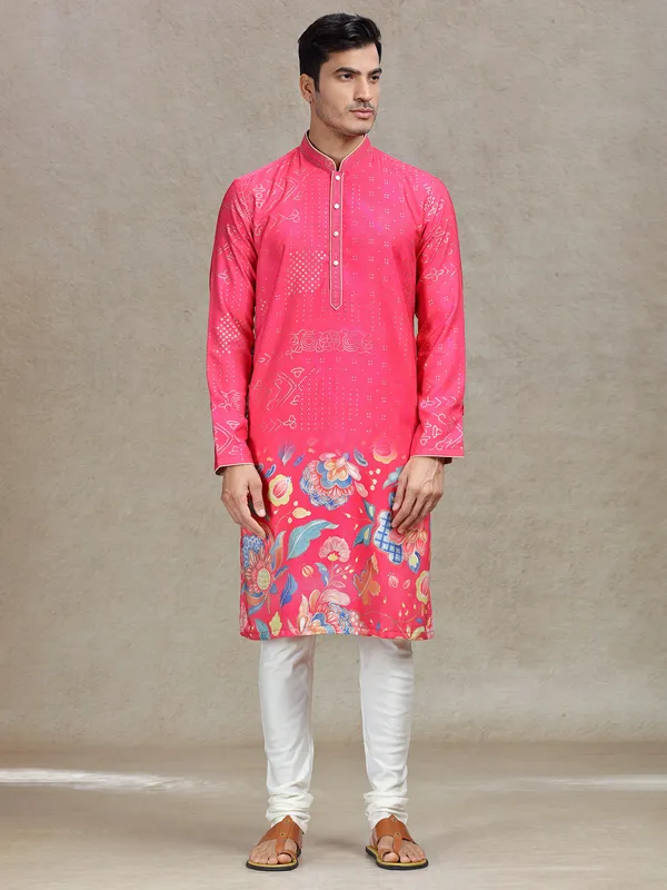 Fuchsia pink vibrant tussar silk kurta suit
