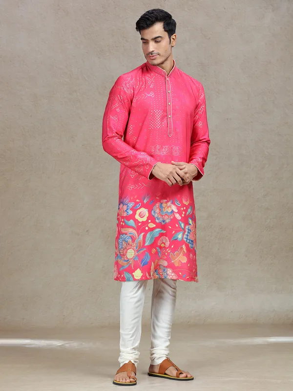 Fuchsia pink vibrant tussar silk kurta suit
