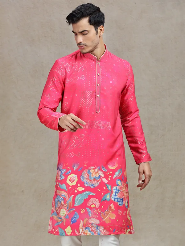 Fuchsia pink vibrant tussar silk kurta suit
