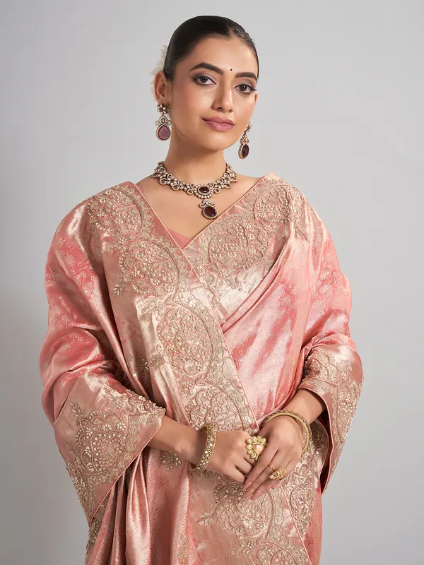 Gajari pink kanjivaram silk saree with traditional zari work