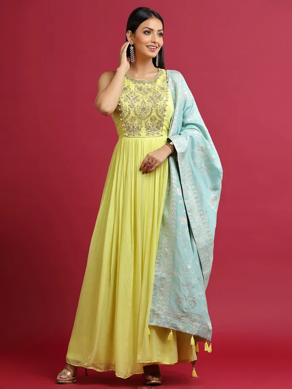Georgette anarkali floor length suit in yellow