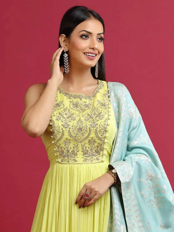 Georgette anarkali floor length suit in yellow
