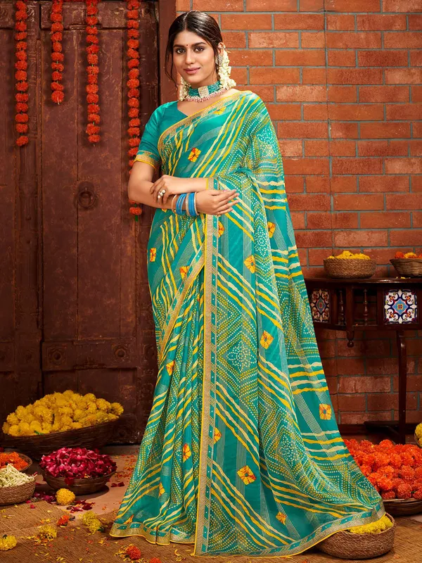 Georgette aqua bandhej printed saree