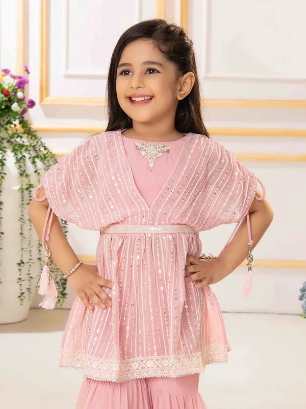Georgette baby pink embroidery sharara suit