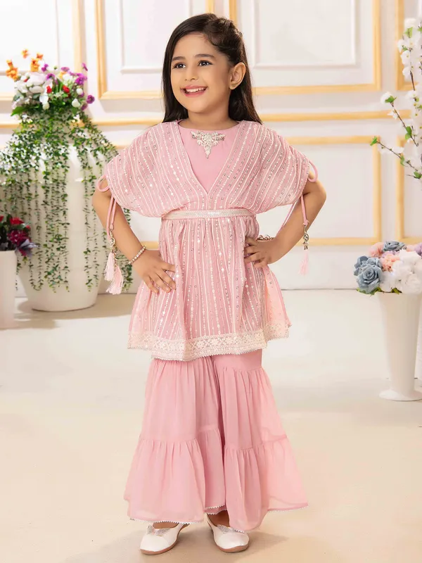 Georgette baby pink embroidery sharara suit