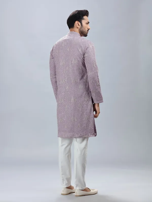 Georgette based lilac fetive wear kurta set for men