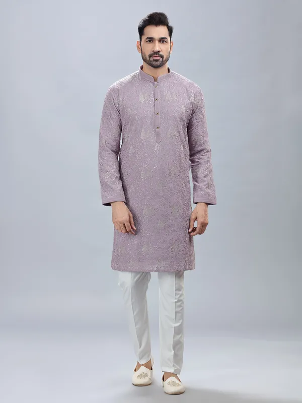 Georgette based lilac fetive wear kurta set for men