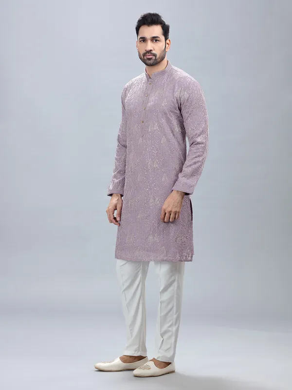Georgette based lilac fetive wear kurta set for men