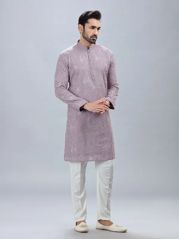Georgette based lilac fetive wear kurta set for men