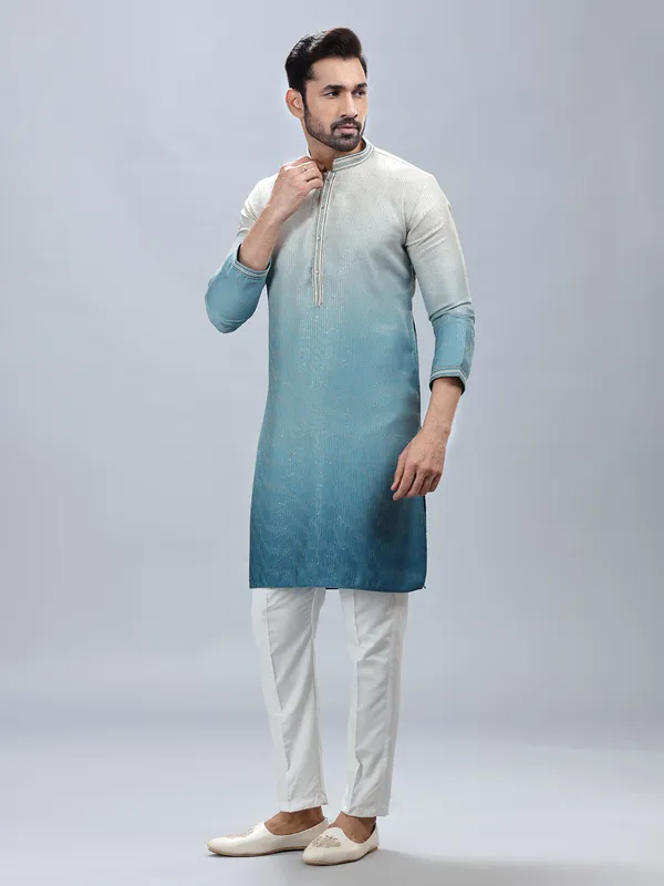 Georgette based sky blue ombre style kurta set for men
