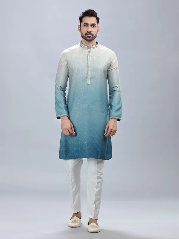 Georgette based sky blue ombre style kurta set for men
