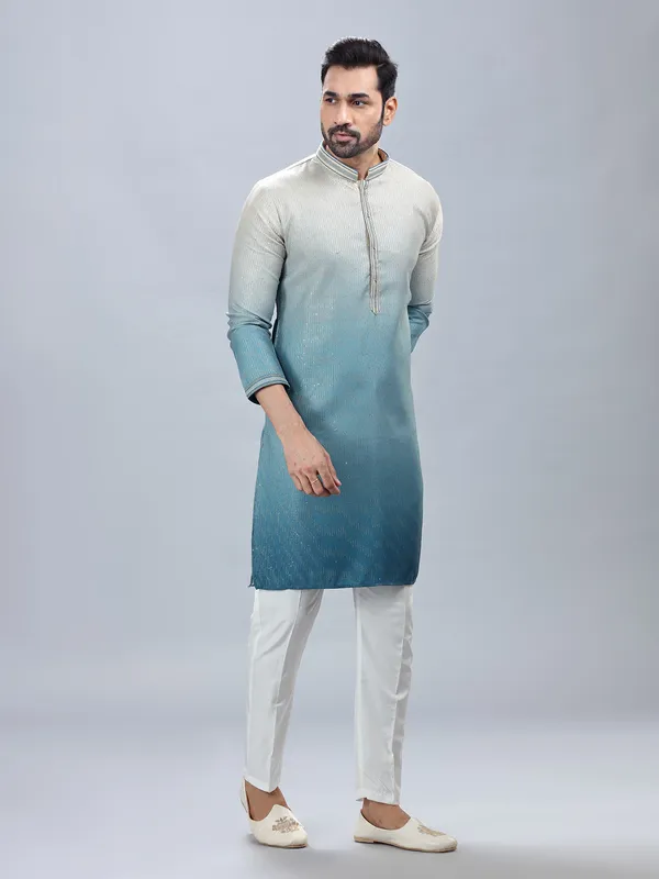 Georgette based sky blue ombre style kurta set for men