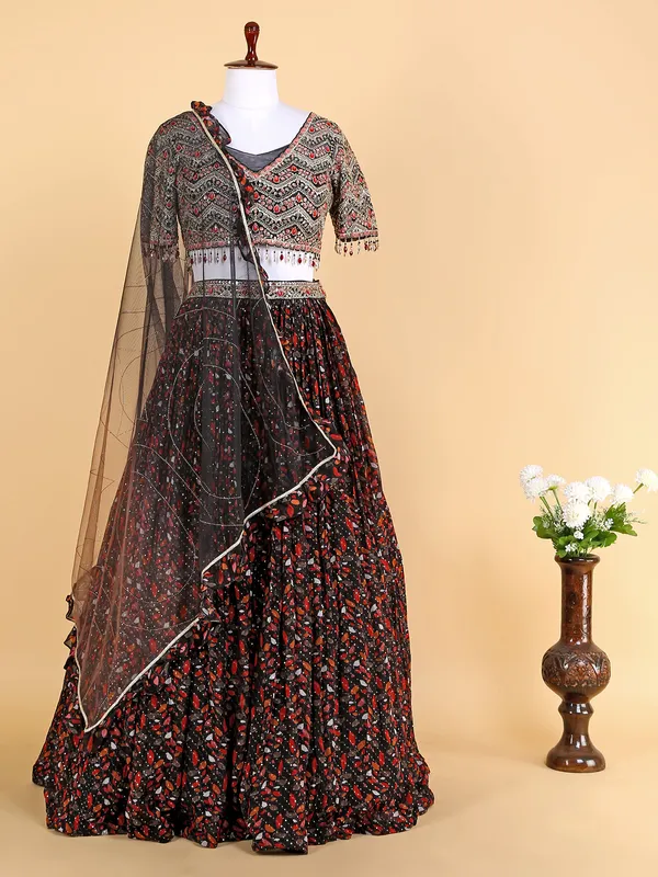 Georgette black printed lehenga choli
