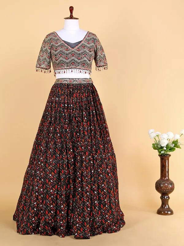 Georgette black printed lehenga choli