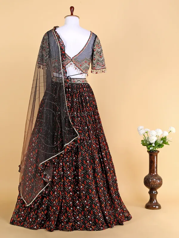Georgette black printed lehenga choli