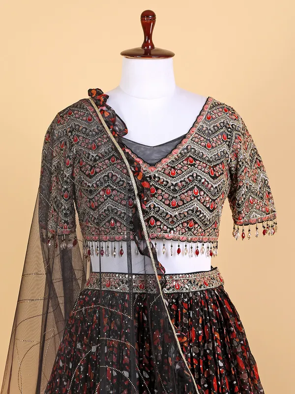 Georgette black printed lehenga choli
