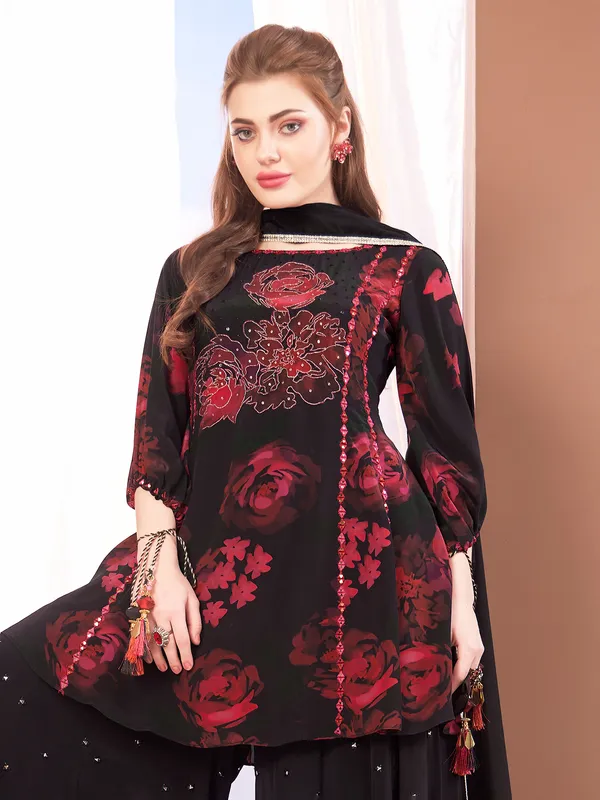 Georgette black printed palazzo suit