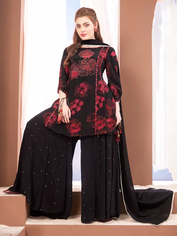 Georgette black printed palazzo suit