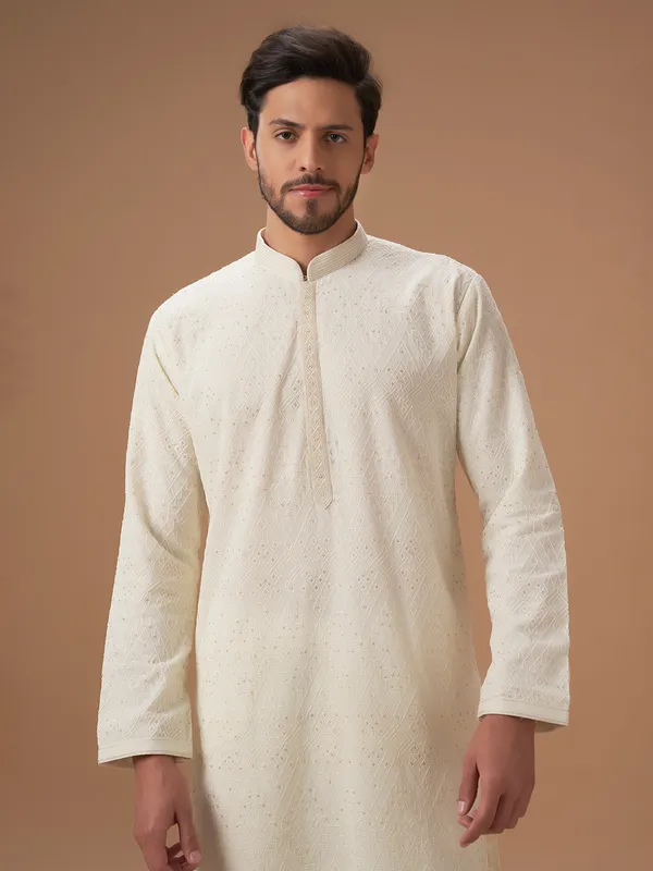 Georgette cream embroidery  Men Kurta pajama