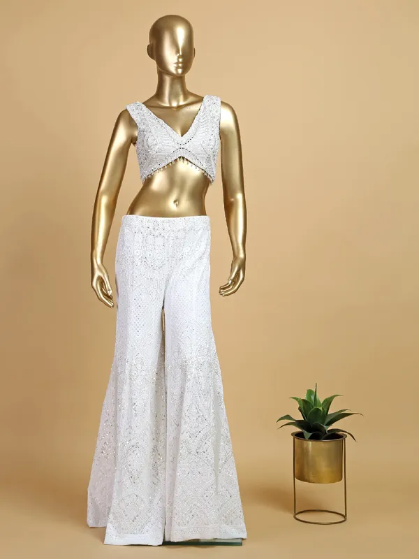 Georgette crop top style palazzo suit in white