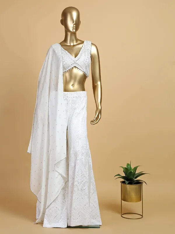 Georgette crop top style palazzo suit in white