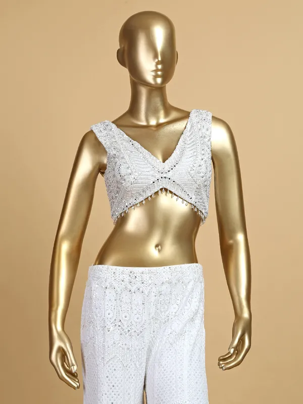 Georgette crop top style palazzo suit in white