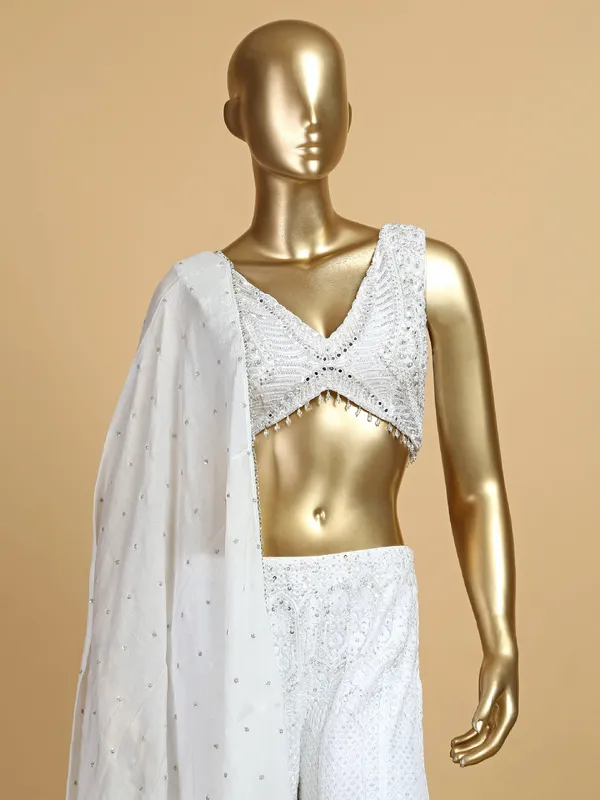 Georgette crop top style palazzo suit in white