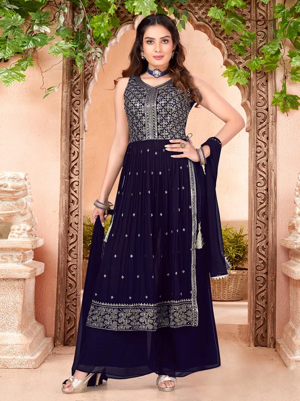 Georgette navy nyra cut palazzo suit