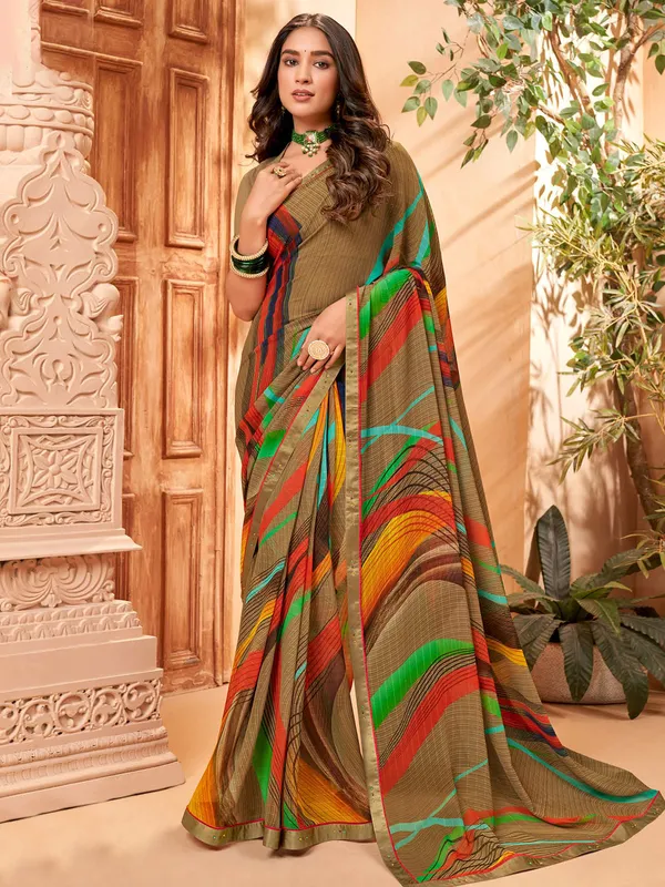 Georgette digital printed saree in olive