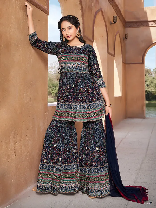 Georgette elegant navy printed sharara suit