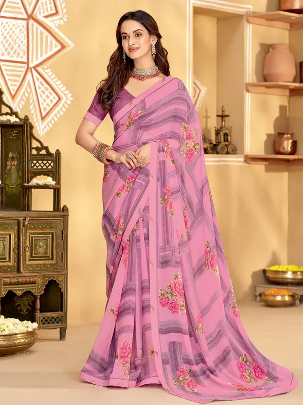 Georgette floral printed mauve pink saree