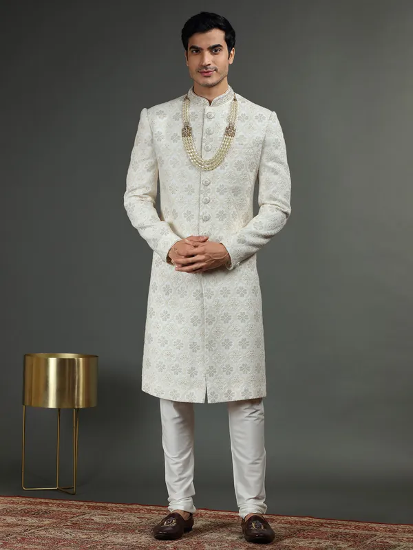 Georgette groom sherwani in white