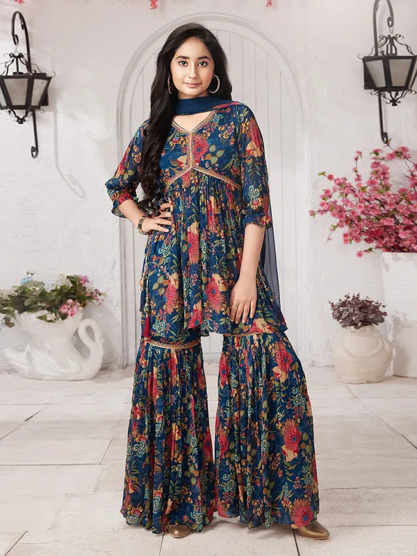 Georgette ink blue alia cut sharara suit