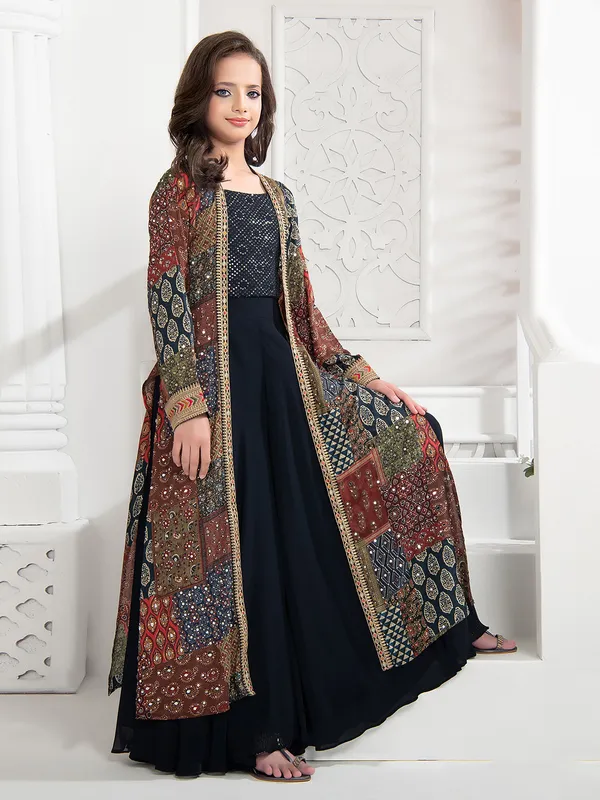 Georgette jacket style palazzo suit in navy
