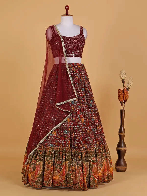 Georgette maroon floral printed lehenga choli