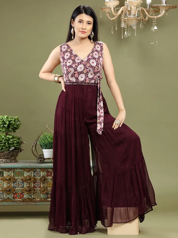 Georgette maroon jumpsuit for wedding