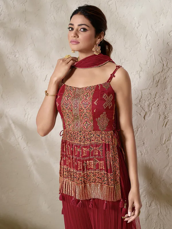 Georgette maroon printed palazzo suit