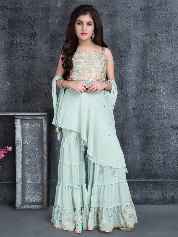 Georgette mint green color sharara suit for wedding