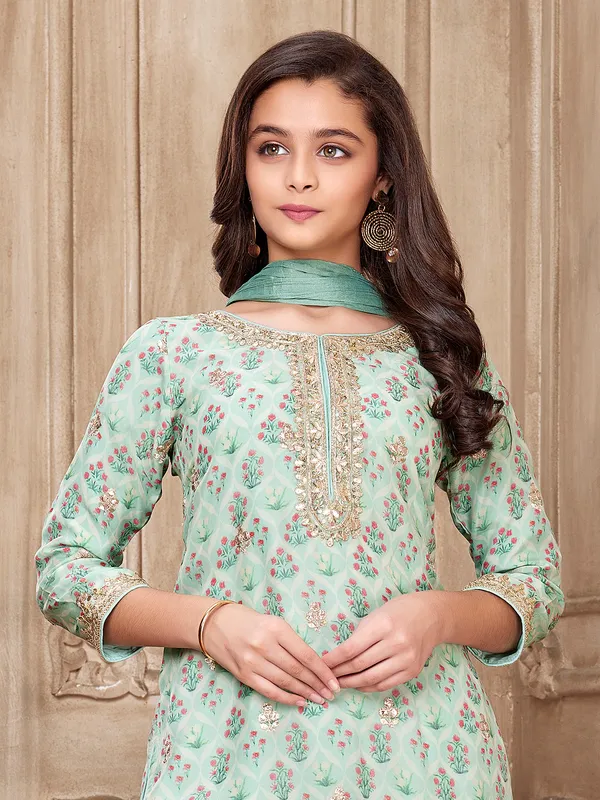 Georgette mint green printed sharara suit