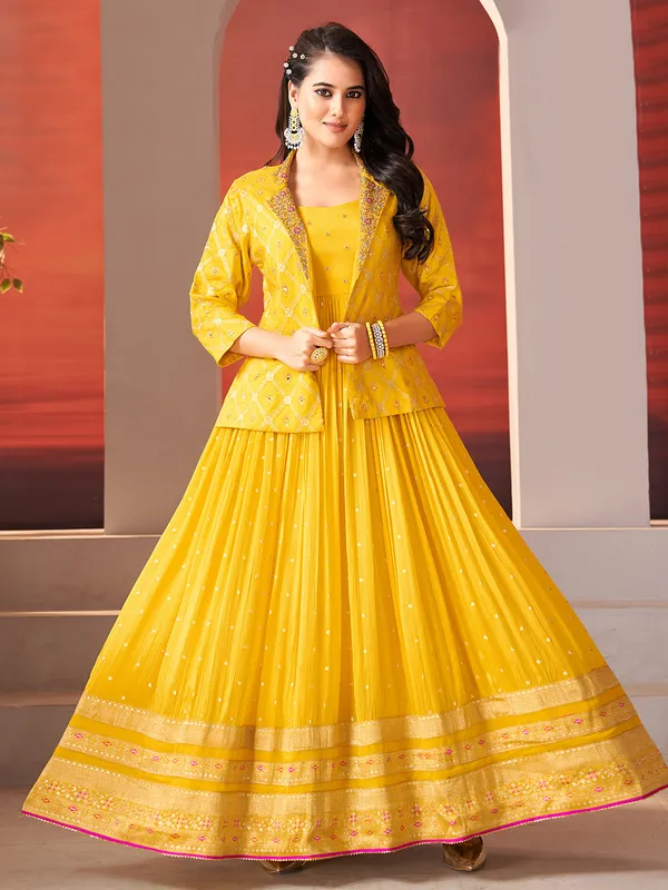 Georgette mustard yellow jacket style anarkali suit