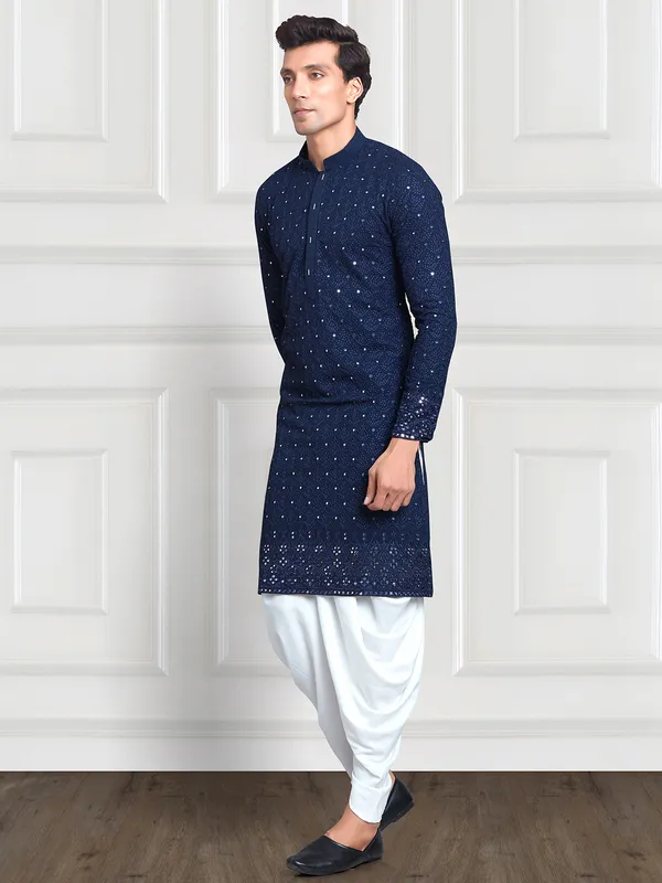 Georgette navy embroidery  Men Kurta pajama