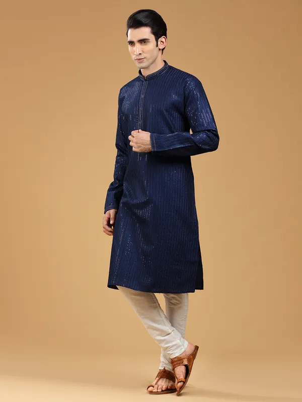 Georgette navy  Men Kurta pajama with embroidery