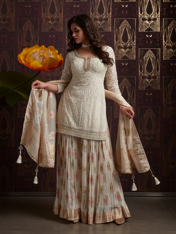 Georgette off white palazzo suit with dupatta