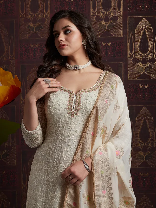 Georgette off white palazzo suit with dupatta